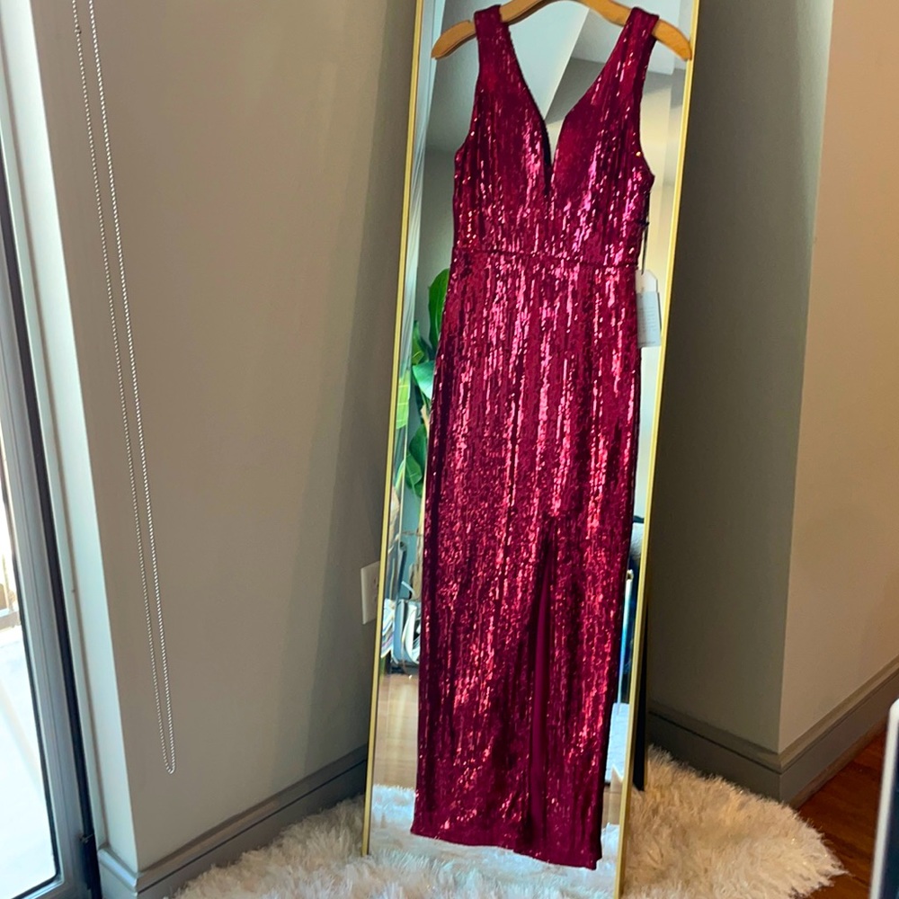 Max + Ash Maroon Red Sequin Floor-length Dress with High Split